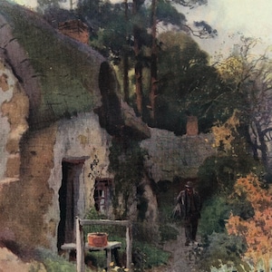 Op de afbeelding: Een aquarel schilderij van een huisje met een rieten dak en een persoon die van de kijker afloopt. Het huisje is omgeven door bomen en groen.