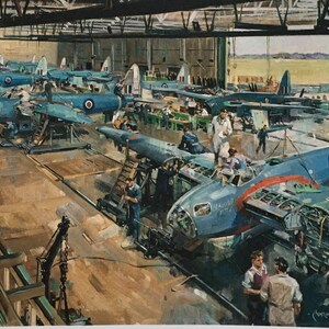 Original vintage tallrik från en bok 1993 av Terence Cuneo, brittisk målare. Myggor på linjen vid Hatfield. Militär väggkonst, heminredning