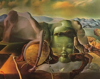 May include: Surrealist painting with a green, rocky landscape and a large, golden globe. The globe is partially submerged in water, and a human face is reflected in the water. The painting is in a muted color palette of greens, browns, and blues.