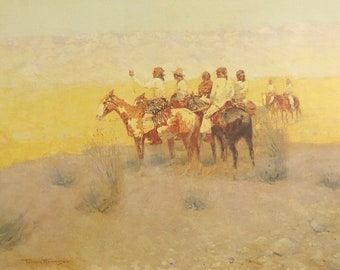 Oryginalny wydruk vintage z 1997 r. autorstwa Frederica Remingtona. Apaches Listening (1899) Amerykański Dziki Zachód Amerykański realizm Sztuka ścienna