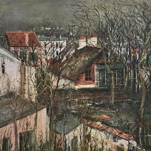 Original Vintage Print 1967 von Maurice Utrillo. Das Berlioz-Haus und das Jagdschloss Heinrich IV (1917) französischer Künstler. Wandkunst, Home Decor
