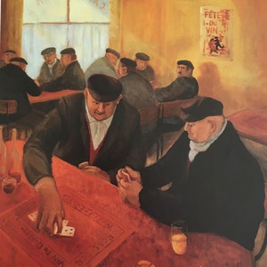 Impresión vintage original 1991 de Margaret Loxton. El juego de cartas, Nuits-St-Georges. Escenas francesas, arte moderno, arte de pared, decoración del hogar