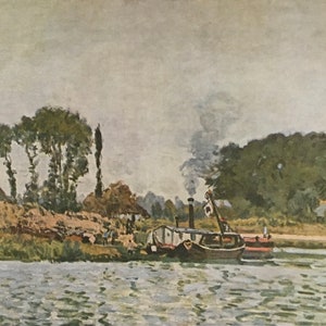 May include: A painting of a river scene with a house on the left bank, trees on both banks, and a boat in the middle of the river. The sky is cloudy and the water is calm.