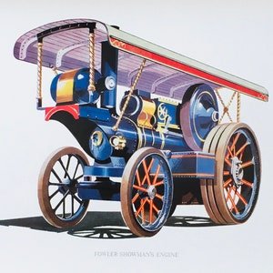 Original vintagetryck. Cirka 1970/80-talet. Fowler Showmans motor, dragmotor, present till dragmotorentusiaster, väggkonst, heminredning