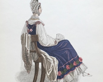 Original Vintage Print 1949. Fashion Plates by Heideloff And Ackermann 1790-1822. Blue Silk Half-Dress. Fashion Art, Wall Art.