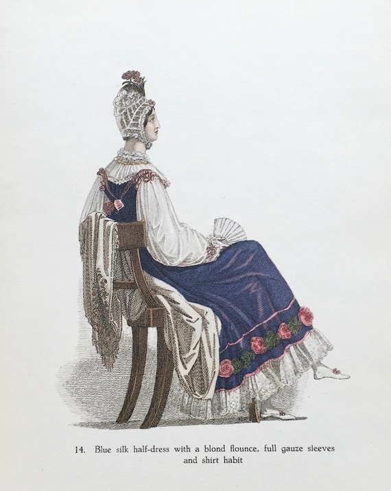Original Vintage Print 1949. Fashion Plates by Heideloff And Ackermann  1790-1822. Blue Silk Half-Dress. Fashion Art, Wall Art.