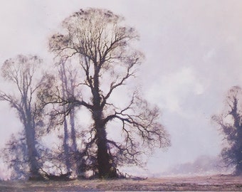 May include: A misty landscape painting featuring a group of bare trees with branches reaching towards the sky. The trees are silhouetted against a pale blue sky with wispy clouds. The painting has a soft, ethereal feel.