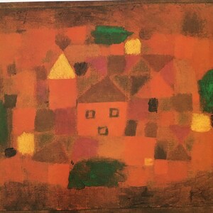 May include: Abstract painting of a village with red, brown, yellow, and green geometric shapes. The painting is done in a cubist style.