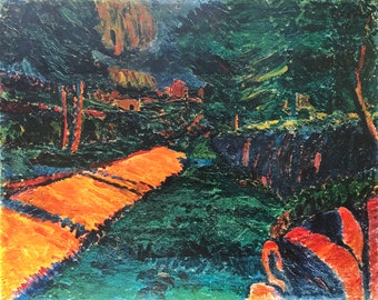 May include: A painting of a landscape with a winding path leading through a forest. The path is a bright orange color, and the forest is a dark green. The sky is a dark blue, and there are some trees in the background.