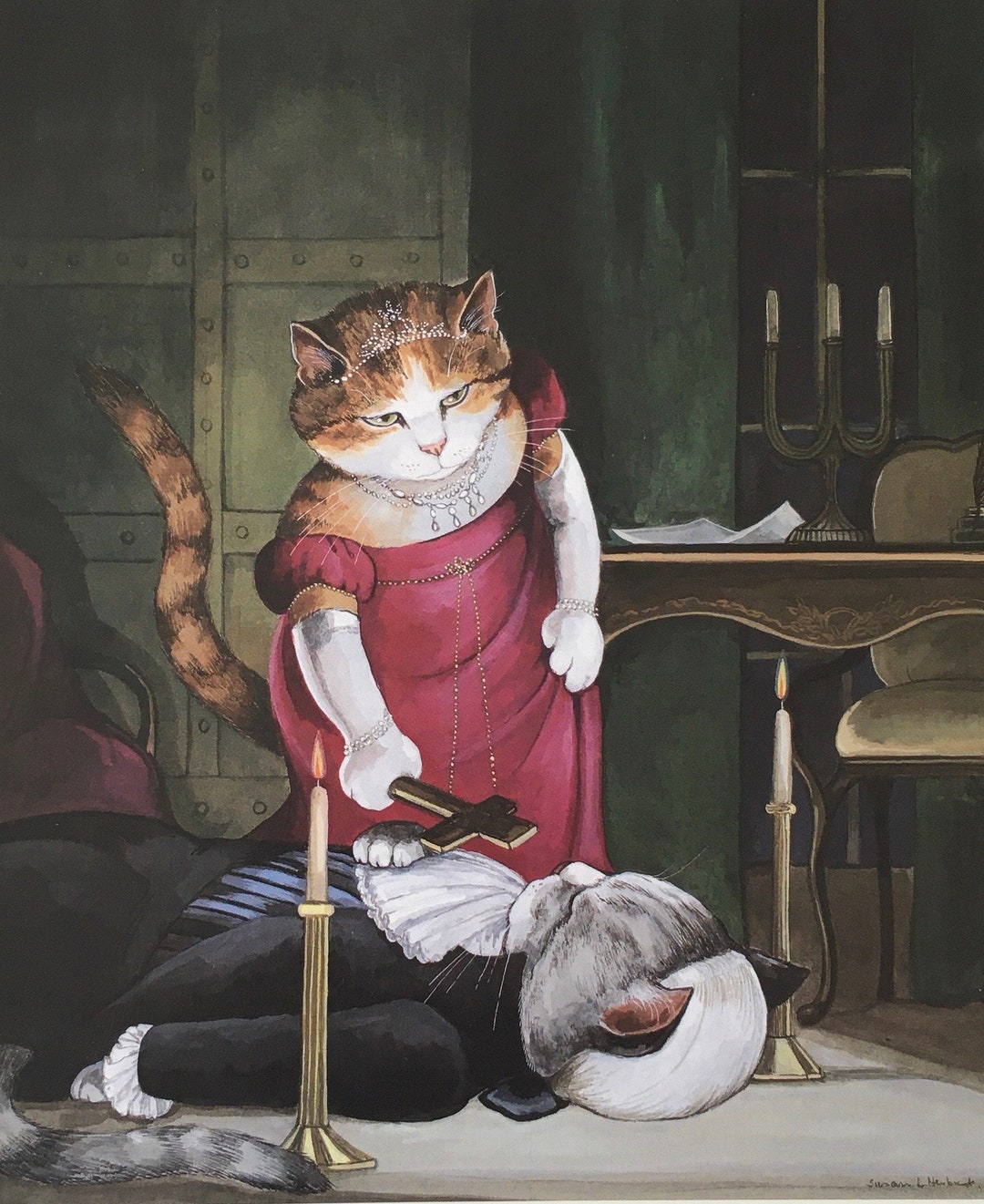 Original Vintage Print by Susan Herbert 1997. Opera Cats. Tosca