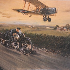 May include: A vintage black motorcycle with a sidecar is driving down a dirt road. A biplane flies overhead, with the text "RK 6807" on the side of the motorcycle.