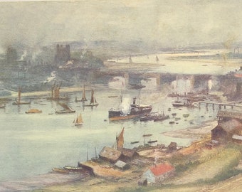 Original Vintage Print 1920 By Charles W Wyllie. Rochester And The Medway. Home Decor, British Landscapes For Any Wall.