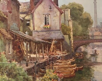 Original Vintage Small Print by E W Haslehust Circa 1920.  Cambridge. Fisher Lane And Great Bridge. Topographic Wall Art, Home Decor
