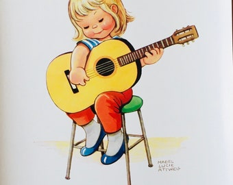 Original Vintage Print By Mabel Lucie Attwell. Guitar Girl. circa 1970/80's Childs Nursery Playroom Childrens Home Decor Baby Shower Gift