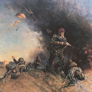 Stampa vintage originale 1993 di Terence Cuneo pittore britannico. I Paras sono atterrati. Il soldato britannico. Arte della parete militare, decorazioni per la casa