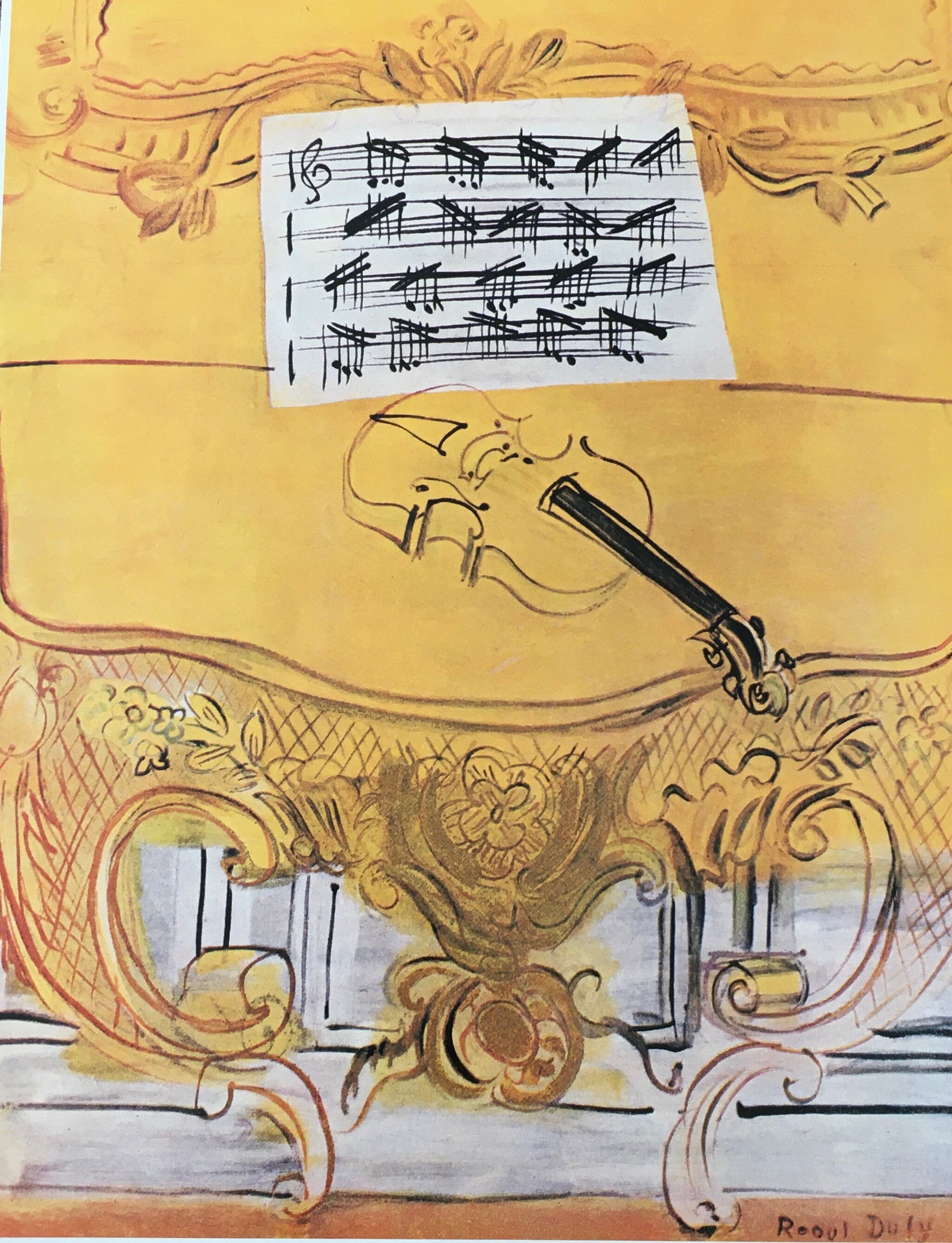 estampe originale vintage 1987 par raoul dufy. console jaune avec violon | 1949 fauvisme impressionnisme français, modernisme, art mural