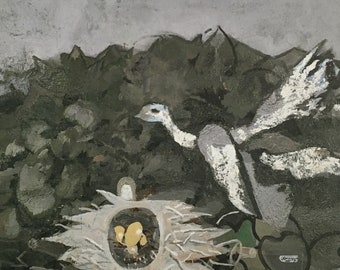 May include: A white bird with gray wings flies over a nest with three yellow eggs. The background is a dark gray and green landscape.