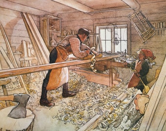 Original Vintage Print 1976 By Carl Larsson. The Carpentry Shop. Swedish Artist Idyllic Family Life, Modern Wall Art, Home Decor,