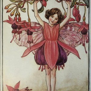 Impresión vintage original 1995 de Cicely Mary Barker. El Hada Fucsia. Guardería infantil, regalo para niños de la sala de juegos, decoración del hogar de hadas