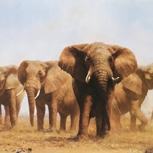 May include: An oil painting showing a herd of elephants advancing. The elephants are brown with large ears and tusks. The background features a hazy blue sky and dry, brown grass, typical of a savanna.