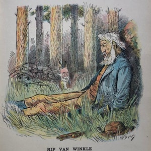 Op de afbeelding: Een zwart-witte illustratie van een man die slaapt in een bos. De man draagt een blauwe jas en een bruine broek. Hij heeft een lange witte baard en houdt een geweer vast. De tekst "RIP VAN WINKLE THE DUKE OF DEVONSHIRE, K.G." staat onder de afbeelding.