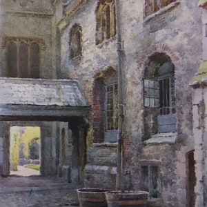May include: A watercolour painting depicting a stone building with arched windows and a doorway. The building is painted in shades of grey and brown, with a touch of green in the doorway. Two wooden barrels are in the foreground, one in front of the other. The barrels are painted in shades of brown and black.