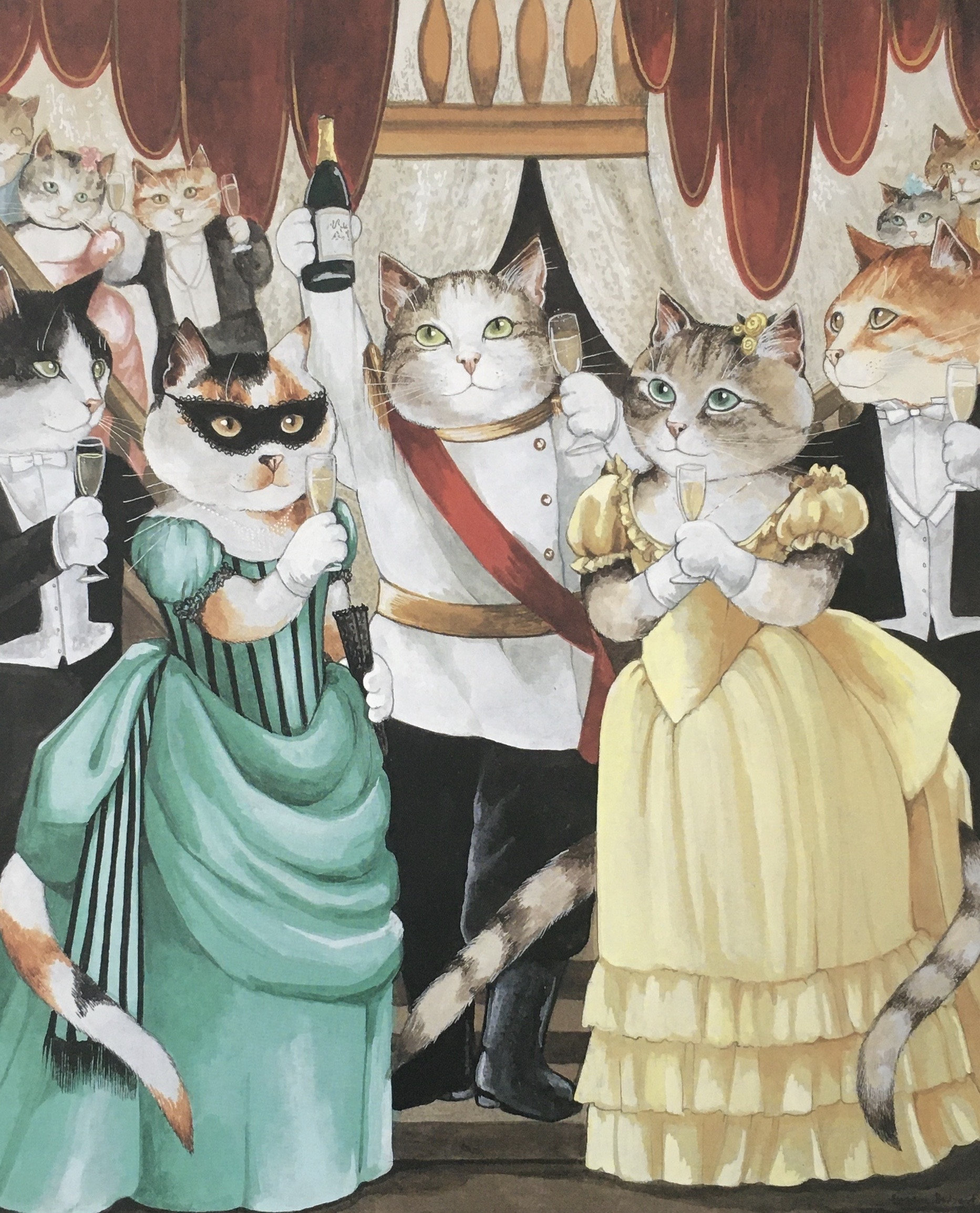 Original Vintage Print by Susan Herbert 1997. Opera Cats. Die
