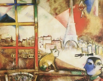 Original Vintage Print by Marc Chagall 1998 Paris Through The Window (1913) Surrealism And Modernist Wall Art Home Decor Any Wall Different.