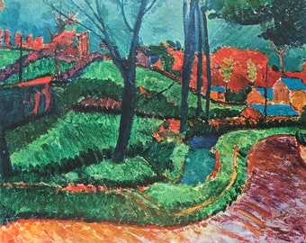 May include: A painting of a rural landscape with a winding road, a stream, and a cluster of houses in the distance. The trees are painted in shades of green and brown, and the houses are painted in shades of blue and yellow.