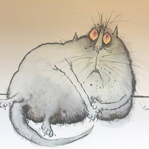 May include: A black and white line drawing of a large, round cat with a worried expression. The cat has large, round eyes with red pupils and a long, thin tail.