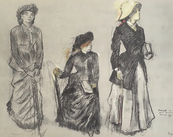 Original Vintage Druck 1963 von Edgar Degas. Drei Frauen in Stadtkleidung (1875-76) Wandkunst, französischer impressionistischer Zeichnungen, Wohnkultur