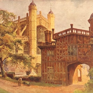 Original Vintage Kleindruck von E W Haslehust 1910. Schloss Windsor. Die Hufeisen-Kreuzgänge und die St.-Georgs-Kapelle. Berkshire Wall Art Decor