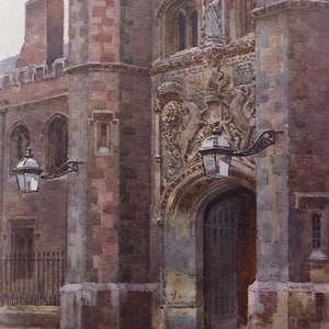 May include: A watercolour painting of a stone building with a large arched doorway. The building has a tall chimney and a stone archway with intricate carvings. The doorway is framed by a stone arch and has a wooden door. The painting is in a muted colour palette of browns, greys, and whites.