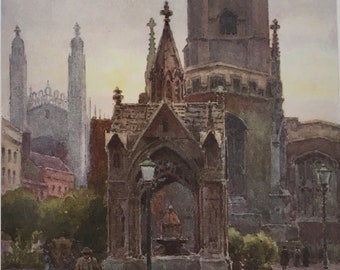 Original Vintage Small Print by E W Haslehust Circa 1920.  Cambridge. The Market Place. Topographic Wall Art, Home Decor