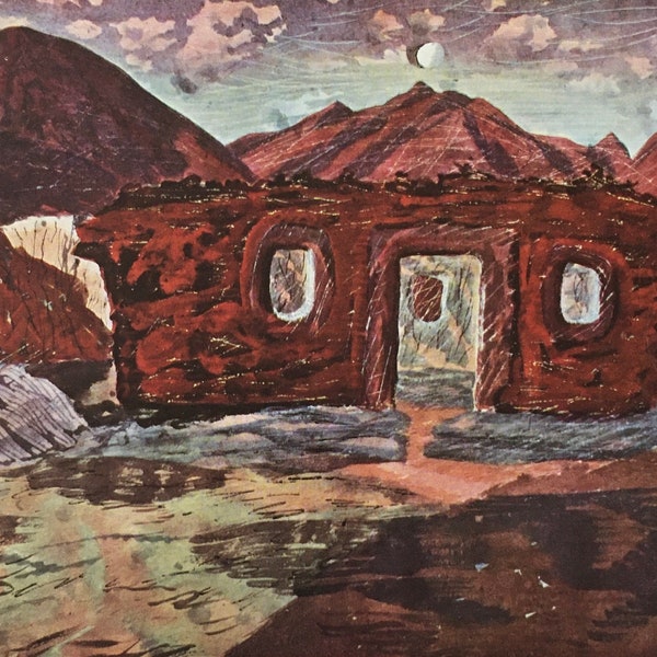 Originele vintage print 1946 door Edward Bawden. Gubba, Soedan. Een verbrande Tukl in het dorp (1941) Engelse oorlogskunstenaar, kunst aan de muur, woondecoratie