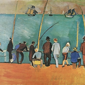 Estampe originale vintage 1987 Par Raoul Dufy. Pêcheurs aux lignes (1908) impressionnisme français, fauvisme, modernisme, art mural, décoration d'intérieur
