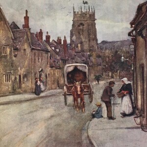 May include: Watercolour painting of a village street scene. A horse-drawn carriage moves along the road, with figures of people on the pavement. A church spire is visible in the background.
