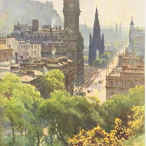 Original Vintage Small Print by E W Haslehust Circa 1920.  Edinburgh, Princess Street From Calton Hill. Scotland. Wall Art, Home Decor