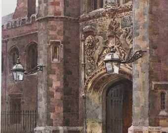 Original Vintage Small Print by E W Haslehust Circa 1920.  Cambridge.  Gateway, St John's College. Topographic Wall Art, Home Decor