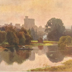 May include: A watercolor painting depicting a river scene with a castle in the background. The river is calm and reflective, with a small boat in the foreground. The castle is a large, imposing structure with a tall tower. The painting is done in soft, muted colors, creating a peaceful and serene atmosphere.