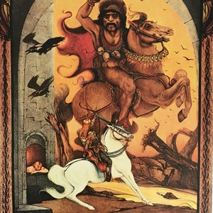 May include: A fantasy illustration depicting a warrior on horseback, wielding a sword, with a skull necklace. The warrior is riding a brown horse with a golden bridle and saddle. In the foreground, another warrior is riding a white horse, holding a bow and arrow. The background features a stone archway, a small building, and a sky filled with birds.
