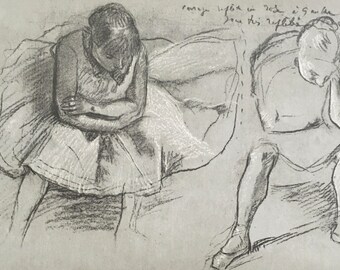 Original Vintage Druck 1963 von Edgar Degas. Zwei ruhende Ballerinas (1877-80) Wandkunst, französischer impressionistischer Zeichnungen, Wohnkultur