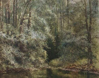 Original Vintage Small Print by E W Haslehust Circa 1920.  Cambridge. Byron's Pool. Topographic Wall Art, Home Decor