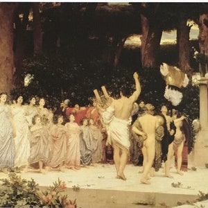 May include: A painting depicting a group of people in a woodland setting. The figures are dressed in flowing robes and appear to be celebrating or participating in a ritual. The scene is bathed in warm, golden light, creating a sense of joy and festivity.