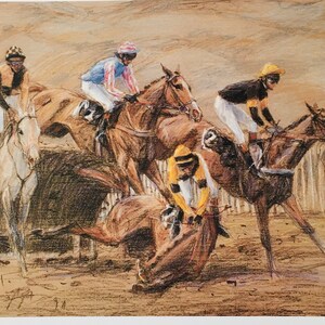 クラウス・フィリップ オリジナル ヴィンテージ 馬術プリント 1993年。柵を越える落馬者。カラフルな馬の壁アート 壁装飾プリント、ホームデコレーション