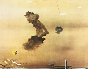 May include: Abstract painting with a brown, yellow, and white color scheme. The painting features a large, dark brown shape in the center, surrounded by smaller, lighter shapes. The background is a light yellow color.