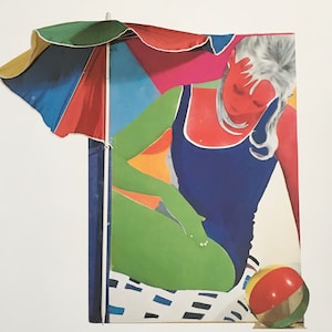 May include: A colorful illustration of a woman wearing a blue swimsuit with a red and white striped beach umbrella in the background. The woman is holding a red and white beach ball.