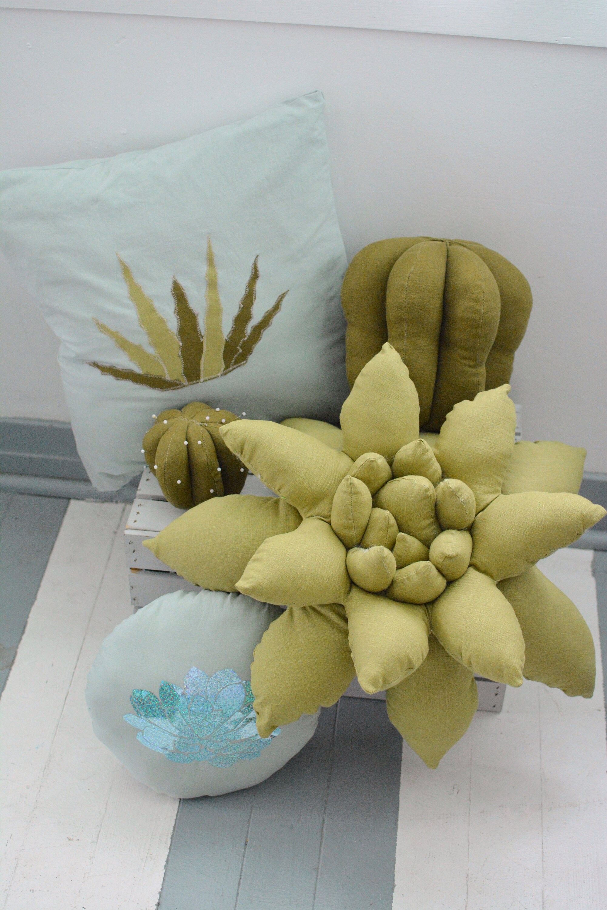Large 3D Succulent Pillow - Indoor Terrarium and Nursery Decor - Sage Green
