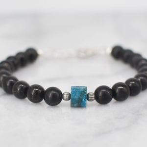 Men&#39;s Apatite with Matte or Gloss Black Onyx Bracelet • Sterling Silver • Lobster Clasp