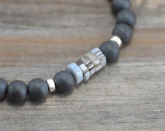 Men’s Boulder Opal Cylinder with Matte Gray Hematite Bracelet • Sterling Silver or 14k Gold Filled • October Birthstone